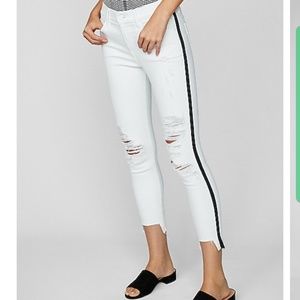 Mid rise side stripe ripped cropped jean leggings